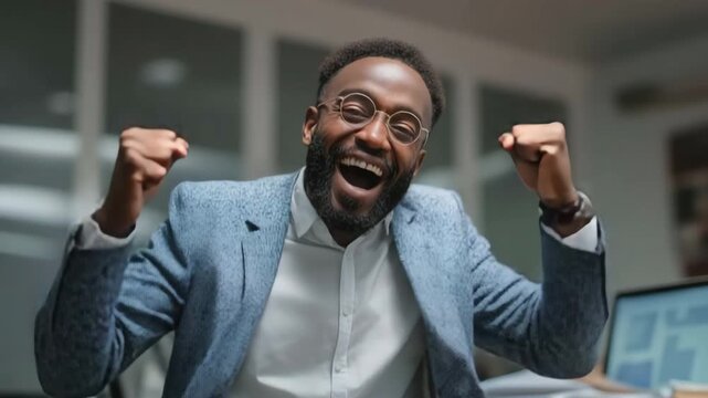 A happy dance celebration of a businessman's office achievement. He uses reports in a workspace to celebrate growth, which stands for success, motivation, and profit.