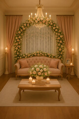 Fototapeta premium Luxurious living room decorated for a romantic celebration with elegant floral arrangements and soft lighting