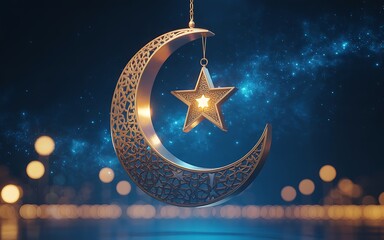 Golden Ramadan Crescent Moon and Star Lantern