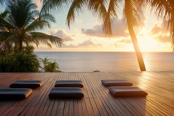 Serene seaside Pilates setup. Yoga mats on tropical deck at sunset overlooking ocean and palms tree. Wellness retreat. Outdoor meditation equipment. Recreational fitness, mindful habits, relaxing.