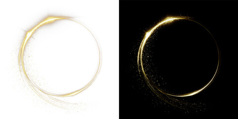 Fototapeta premium Luminous Gold Light Arc Ring with Dynamic Sparkles and Motion Trail Isolated on Black