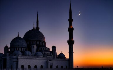 Mosque at dusk with crescent moon and stars