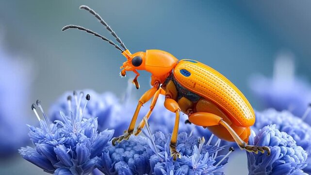 vibrant orange beetle on blue flower