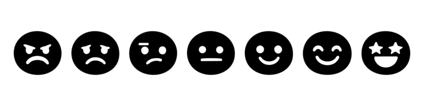 Set of seven emoji icons representing a scale of emotions from angry to excited. Vector line art icons for customer feedback and sentiment analysis.