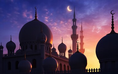 Islamic Mosque Silhouette at Sunset with Crescent Moon