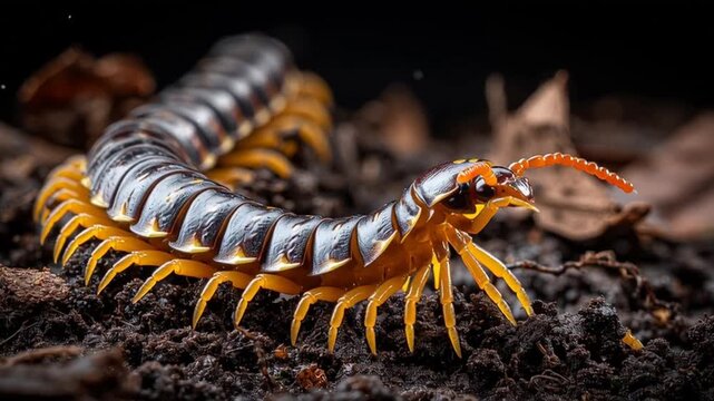 shiny centipede on forest floor
