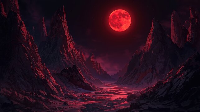 A surreal landscape with a large red moon illuminating a dark, rocky valley.