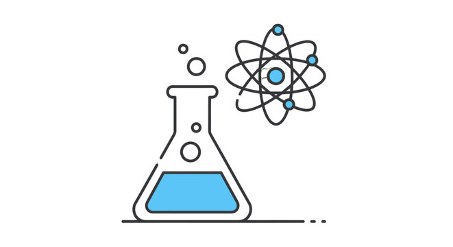 Simple line art illustration of a conical flask and atomic structure.