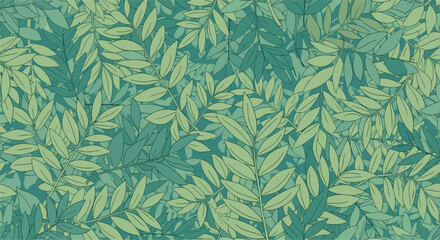 Densely packed seamless pattern of various green tree leaves creating a lush and vibrant forest foliage texture for nature backgrounds.