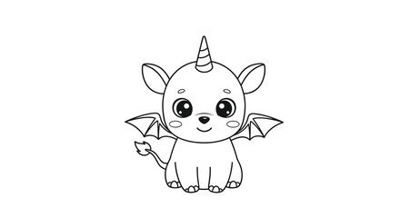 Fototapeta premium Magical baby dragon character with a unicorn horn and small bat wings sits peacefully in this enchanting black and white coloring page.