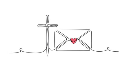 Minimalist continuous line drawing of a Christian cross connected to an envelope sealed with a small red heart.