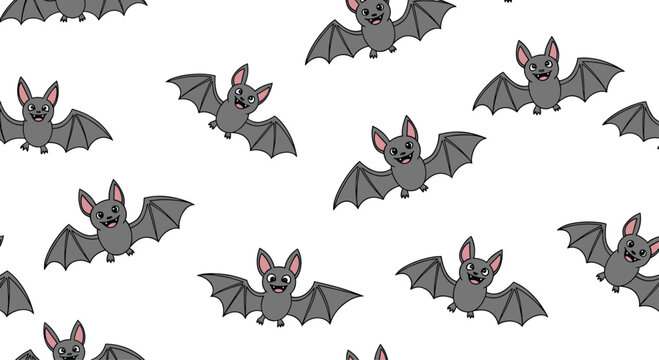 Fun seamless pattern of friendly grey bats flying in different directions on a clean white background for Halloween themes.