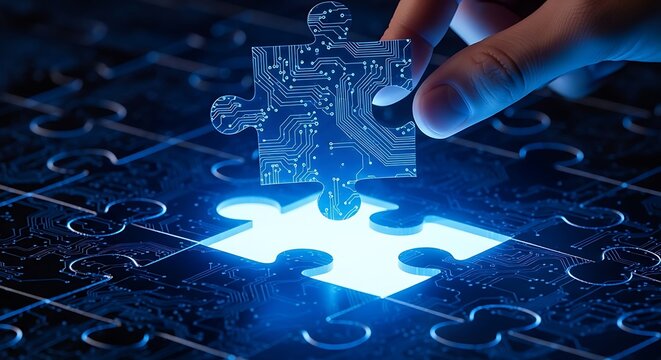 Close-up of a hand placing a glowing blue puzzle piece with circuit board patterns into a matching slot, symbolizing technology solutions