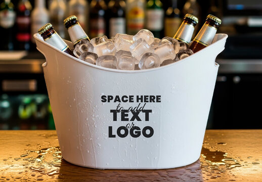Bucket with Ice and Beers on Bar Mockup