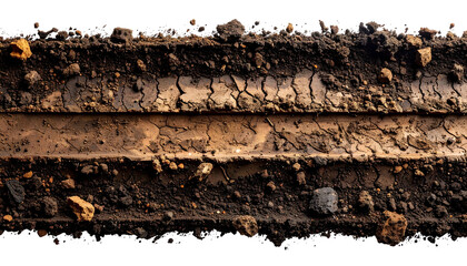 Close-up of cross-section of earth, showing layers of soil and tire tracks