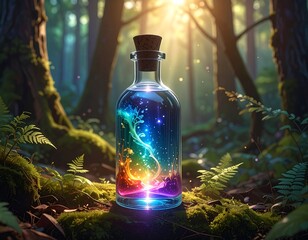 A glass vial containing a vibrant, glowing energy display, set in a lush, verdant forest clearing