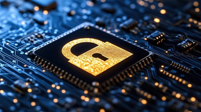 Close - up of Lock Symbol on Microchip for Cybersecurity Concept