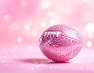 A glittery pink sports ball sits, center-frame, against a blurred, glowing background. Light sparkles enhance the festive aesthetic