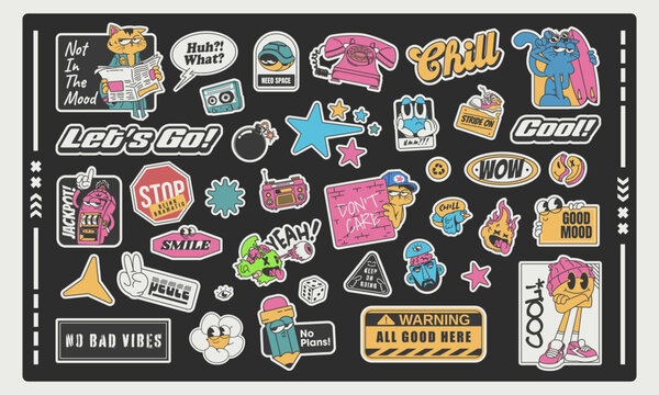Retro sticker collections with playful cartoon characters. Vector illustration