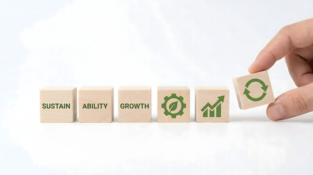 Hand placing green recycling symbol block with sustain ability growth cubes eco industry financial progress icons on bright white background studio light clean