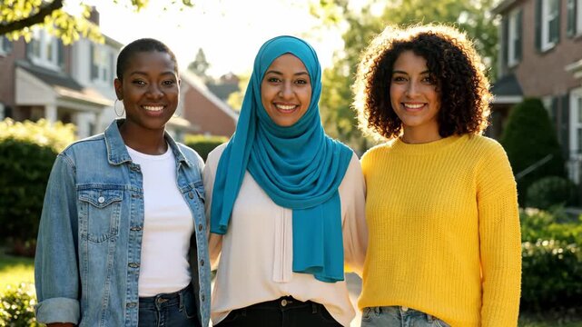 Three Smiling Multicultural Women Standing Together in Residential Neighborhood Showing Friendship and Community Lifestyle