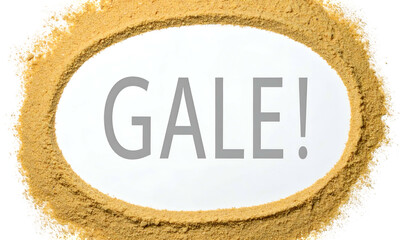 Text "GALE!" within a white oval surrounded by yellow-brown powder on black