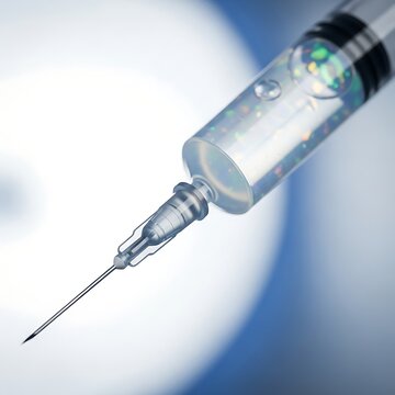 Medical syringe on a blurred blue and white background