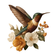 Obraz premium vintage boho illustration, hummingbird with flowers,