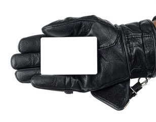 A gloved hand presenting a blank white card, isolated against a plain white backdrop. The leather glove is black