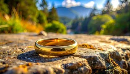 A gold wedding band sits on a rock, with a blurred natural scene as a backdrop trees, mountains, and water