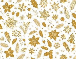 A gold-colored Christmas pattern, featuring floral and snowflake elements scattered across a white background. It's cheerful and festive