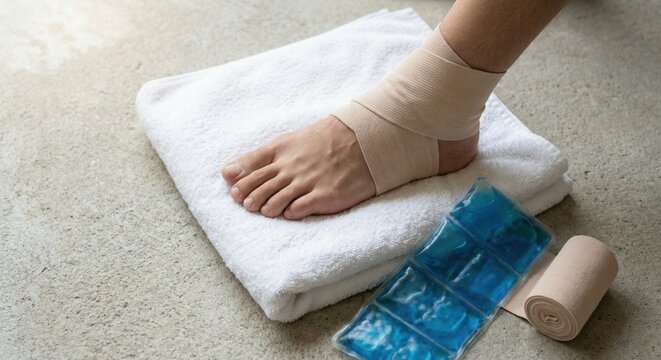Bandaged ankle and foot with blue gel cold pack on gray surface, first aid ankle support with towel.