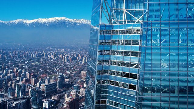 Costanera Building In Santiago Metropolitan Region Chile. Bird Eye View Of Famous Building In Vibrant District Of City. Business Clouds Sky Downtown Cityscape. Backgrounds Panoramic.