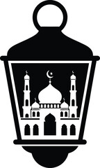 Obraz premium Black Silhouette Icon of a Traditional Ramadan Lantern featuring an Interior Mosque Mosque Design with Crescent Moon and Minarets for Islamic Holiday Branding