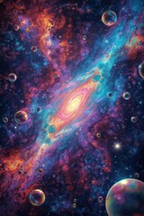 A mesmerizing galaxy with vibrant colors and floating celestial spheres.