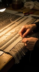 Naklejka premium Female adult crafting handmade textile with detailed weaving patterns under warm light on wooden table