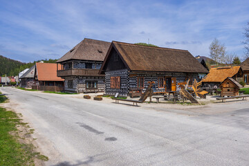 Cicmany village presenting traditional patterned wooden houses in Slovakia
