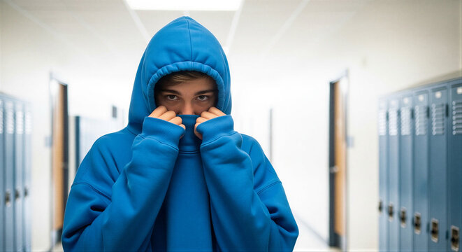 Teenager covering face in blue hoodie in school hallway