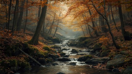 A serene autumn forest with a gentle stream flowing through the colorful foliage.