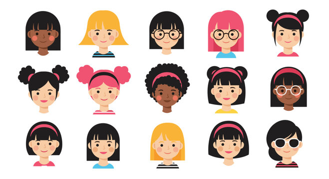 Extensive set of diverse female face icons with various hairstyles glasses and skin colors for modern web and app design.