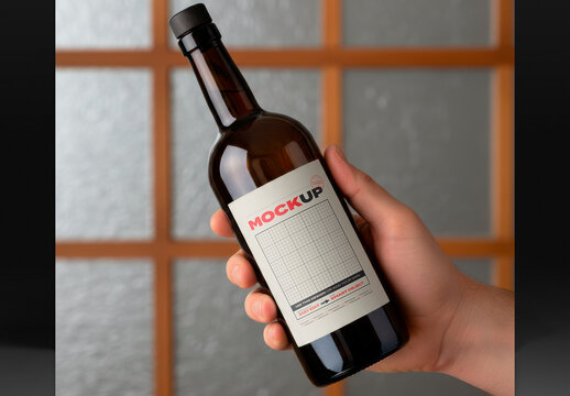 Hand Holding a Bottle with Stopper Label Mockup
