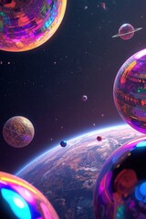 A vibrant and colorful depiction of multiple planets in outer space.