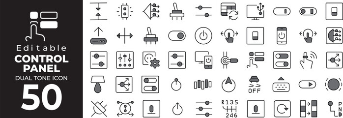 Fototapeta premium Editable dual tone icon set of Control panel with 50 black and white symbols Vector illustration