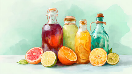 Colorful Citrus Infusions in Glass Bottles