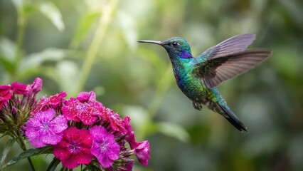 Obraz premium A Jewel-Toned Hummingbird Hovers Near Vibrant Pink Flowers in a Sunlit Garden