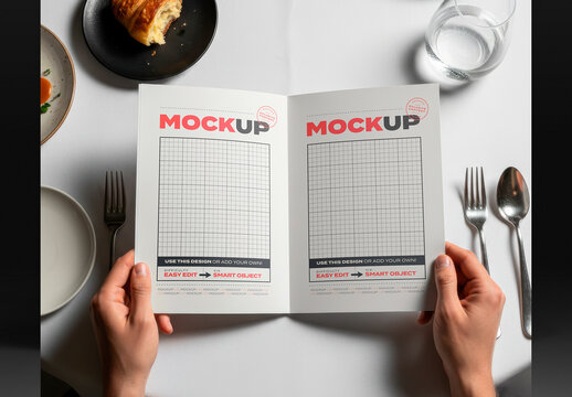 Hands Holding Menu Restaurant Table Mockup