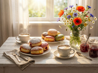 Śniadanie z pączkami w słońcu. Jasny, biały stół, pączki, kawa z mlekiem i świeże kwiaty w wazonie