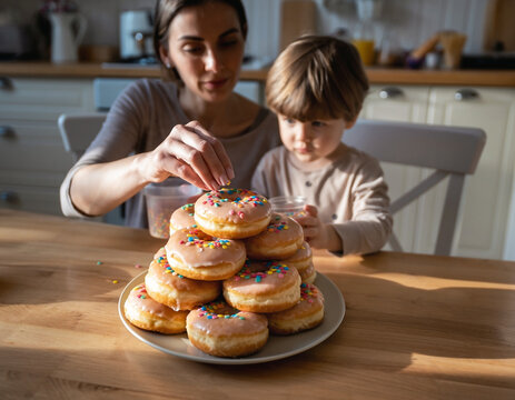  Mama i syn dekorujący stos pączk&oacute;w leżących na talerzu kolorowymi posypkami