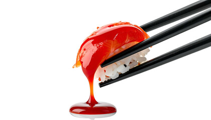 Chopsticks hold a piece of sushi, drizzled in thick, red sauce against black backdrop