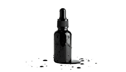 A black glass bottle with dropper, glistening, against a black backdrop, with liquid